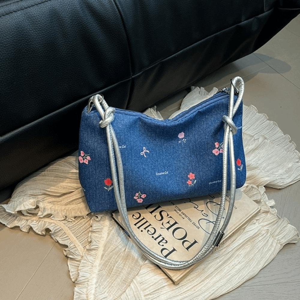 Blue Bow Underarm Bag Korean Women's Handbag Fashion Denim Shoulder Bag  Commuting
