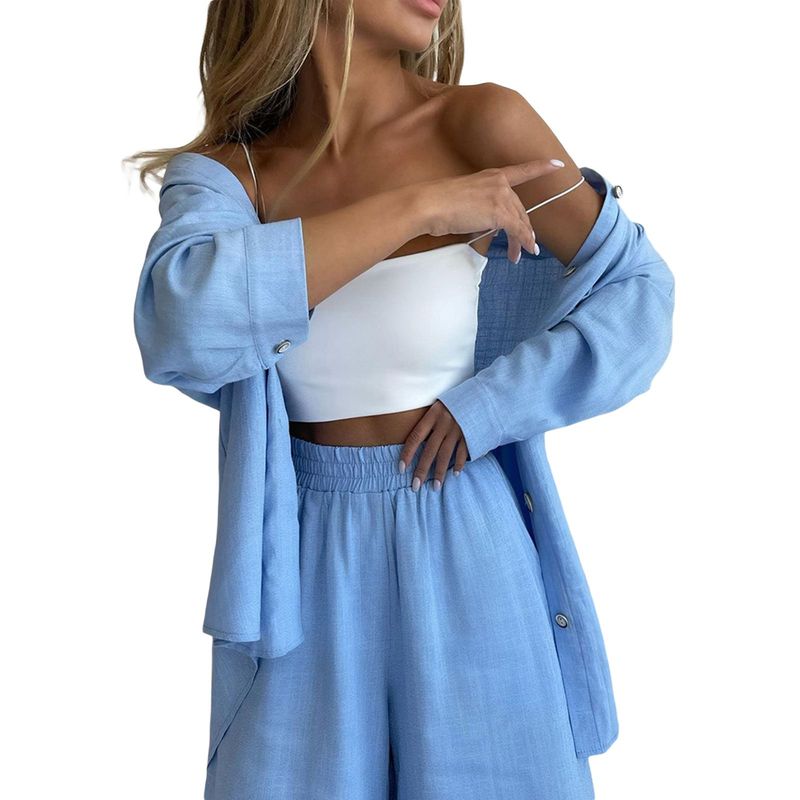 Fashion Spring and Summer Two-Piece Set Long Sleeves Lapel Shirt Shorts Loose Fashion Casual Set Casual Suit