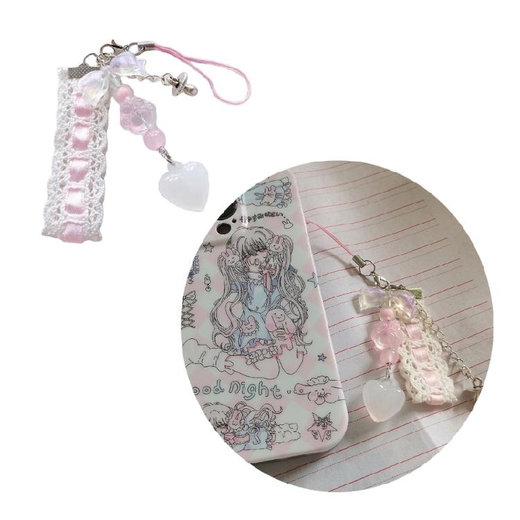 Trendy Lace Ribbon Key Rings Pendant Heart Pendant Key Chains Beaded Accessories