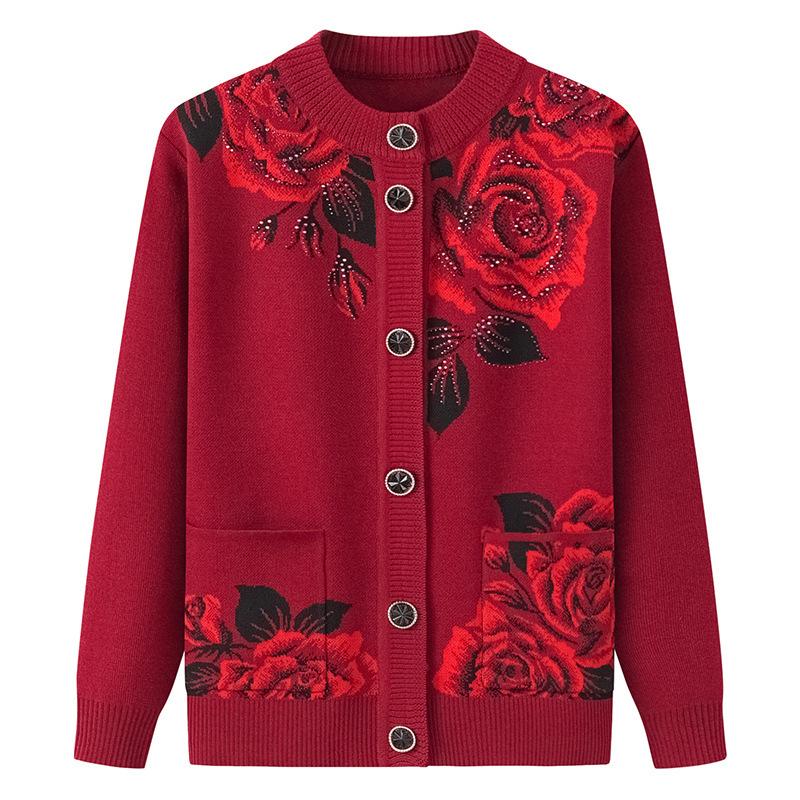 Spring and Autumn Sweater Cardigan Middle-aged and Elderly Autumn and Winter Clothes Female Elderly Mother Knitted Jacket