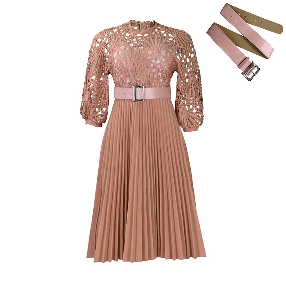 C8595 Women's Solid Color Lace Crochet Pleated Dress