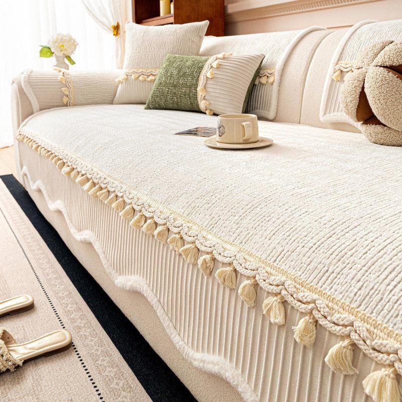 Solid Color Chenille Sofa Cover All-seasons Smooth Skin-Friendly Fixed Non-slip Seat Cushion One-piece Sofa Cover Fringe Trim