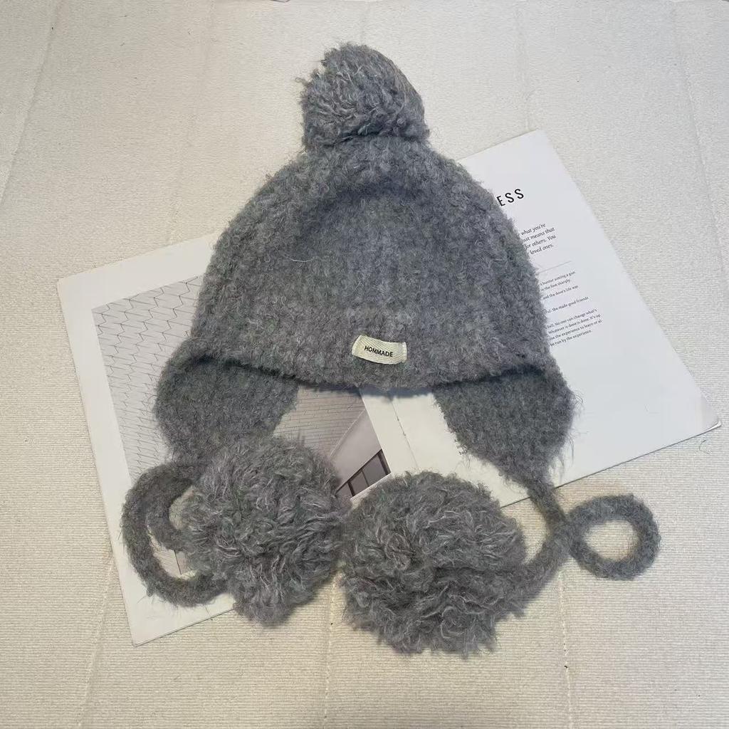 Wool Ball Knitted Woolen Hat for Women In Autumn and Winter Ear Protection Flying Hat Warm and Versatile Showing Face Small Ski Lei Feng Hat