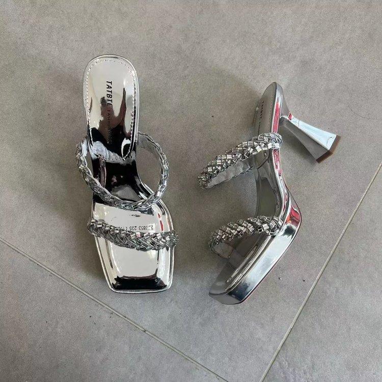 

Silver square head with rhinestone high-heeled cool slippers, female summer wear open-toed waterproof table thick-heeled versatile half-slippers 39 срібний