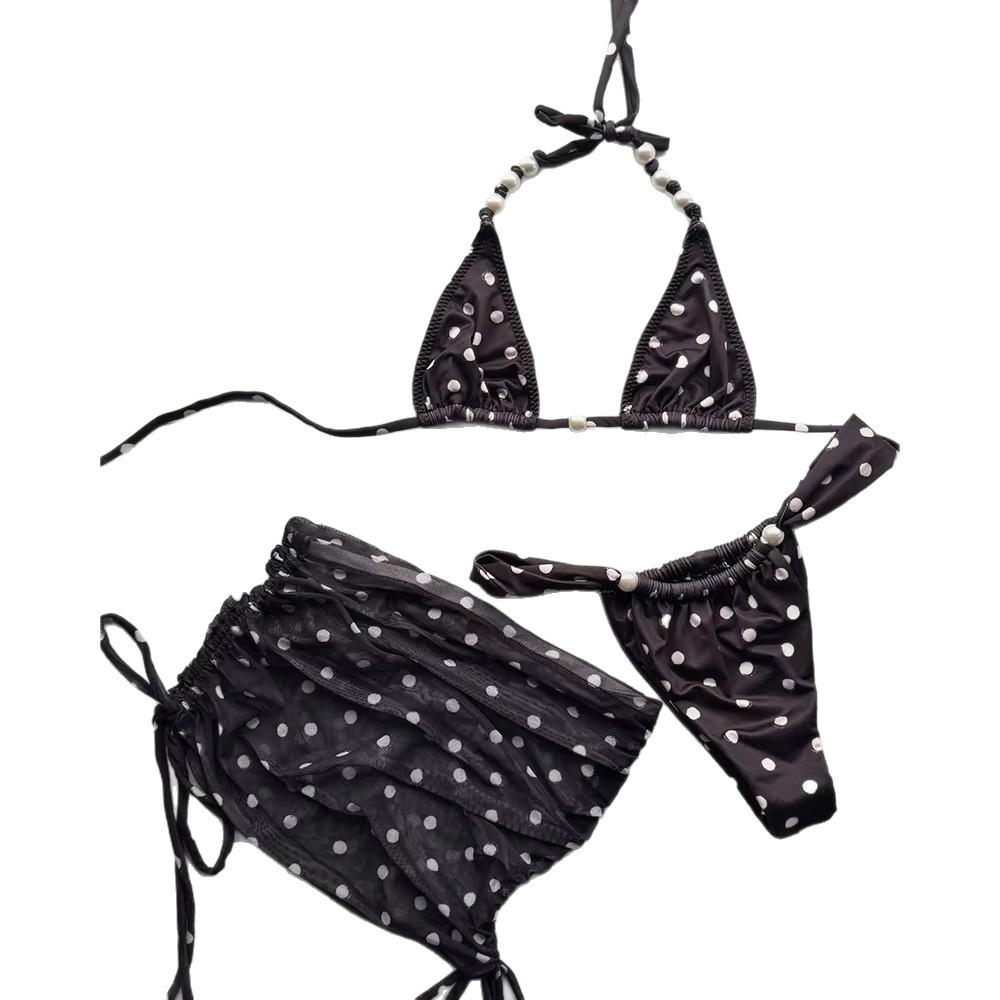 Women'S Summer Polka Dot Print Beach Apron Hip Wrap Sexy Bikini Three-Piece Set European And American Popular Swimsuit