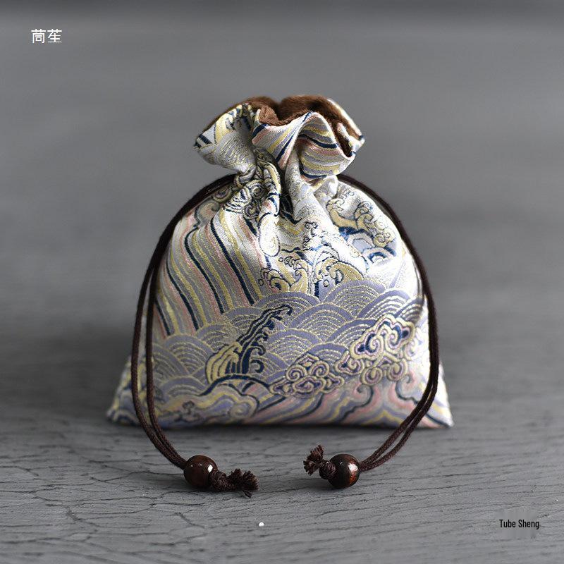 Hand-Embroidered Brocade Double-Layer Cotton Linen Drawstring Jewelry Bag