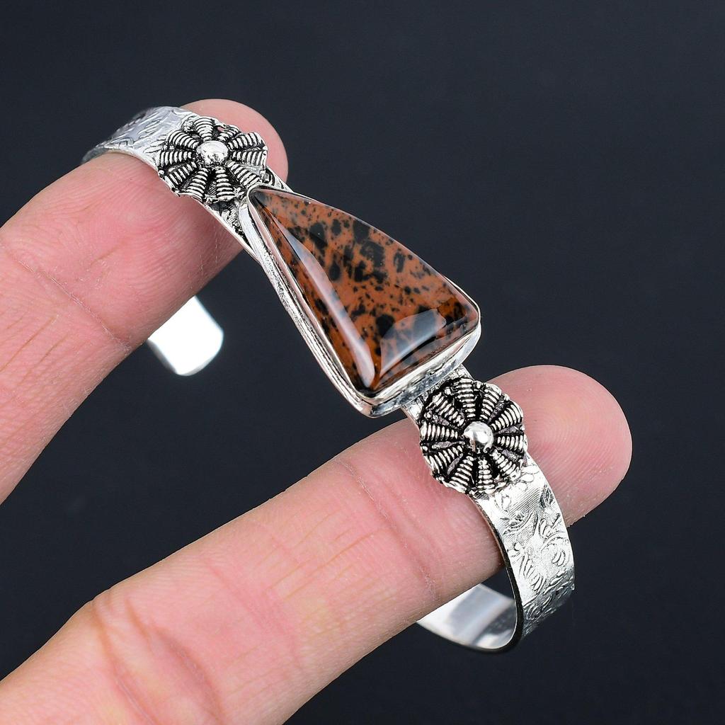 Friendship Day Deal Mahogany Obsidian Gemstone Daughter Bangle Sterling Silver