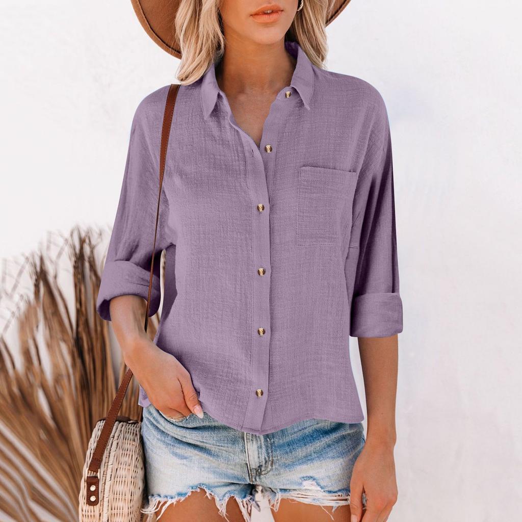 Women's Loose Cotton Linen Solid Color Long Sleeve Cardigan Irregular Pocket Shirt Top
