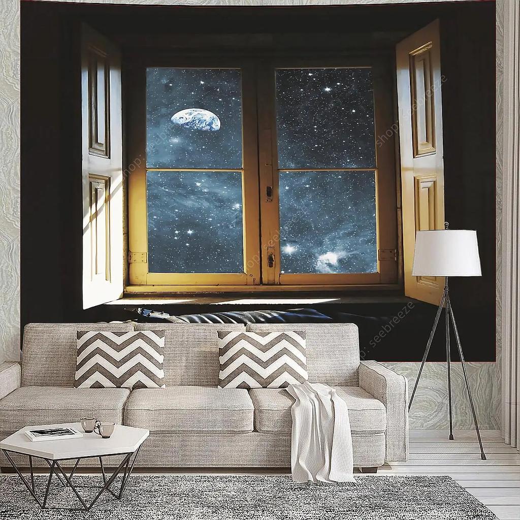 Imitation 3D Window Landscape Tapestry Wall Hanging Sunshine Beach Moonlit Night Wall Tapestry Art Home Decor Curtain Blanket