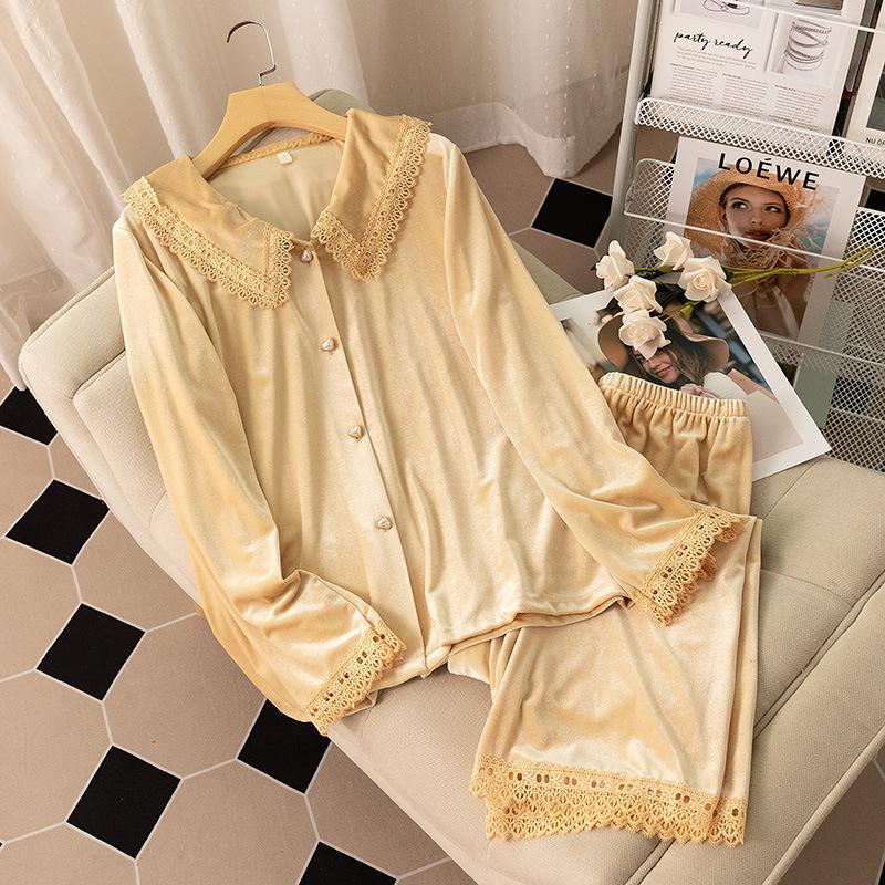 Velvet Lapel Pajamas Women's Sexy Lace Edging Sleepwear Loose Casual Home Wear Long Sleeved Cardigan Pants Two Piece Loungewear