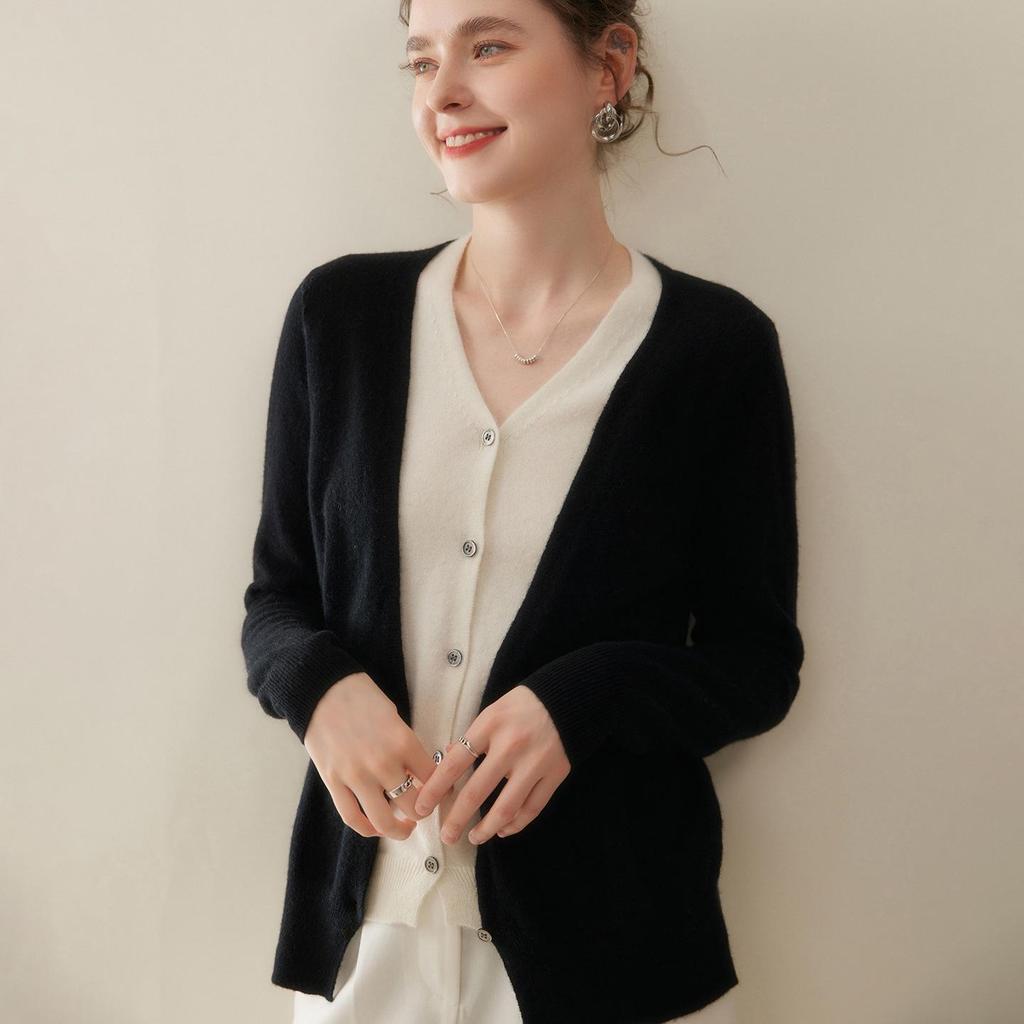 Women's V-Neck Colorblock Cashmere Cardigan Sweater - Loose Knit Autumn/Winter Top