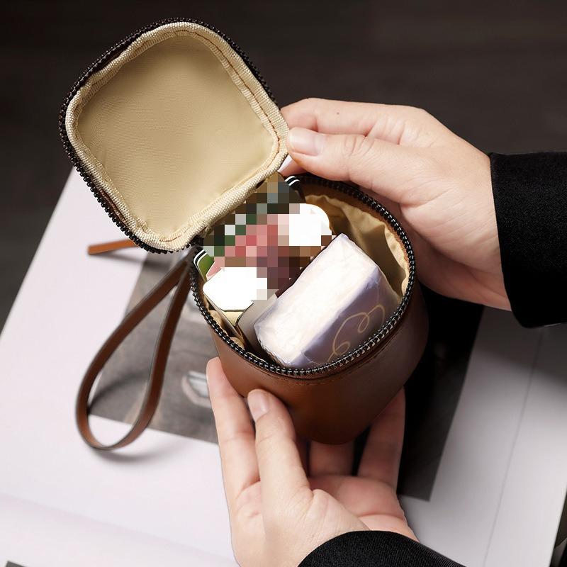 Borsa da Trucco in Pelle Retrò Custodia per Rossetti e Monete Borsa da Viaggio Portatile Secchiello portaoggetti Portamonete Rotondo Mini Personalizzato