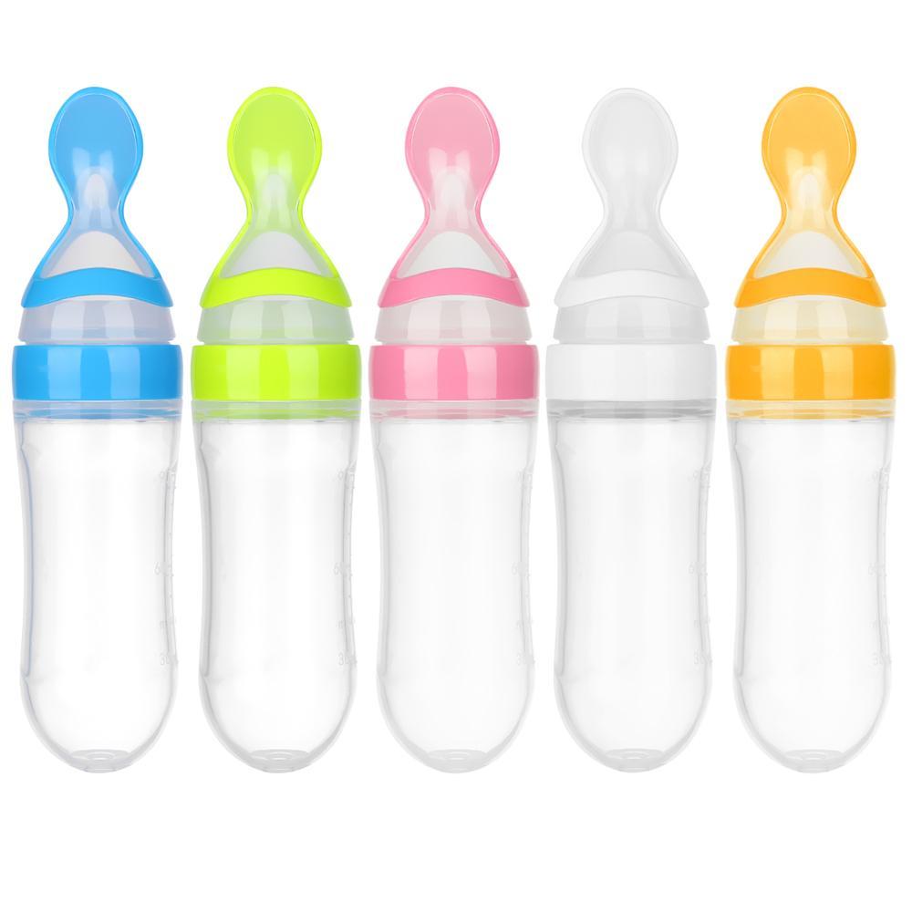 New Fashion Silicone Safety Milk Bottle Food Rice Feeder Feeding Bottle With Spoon