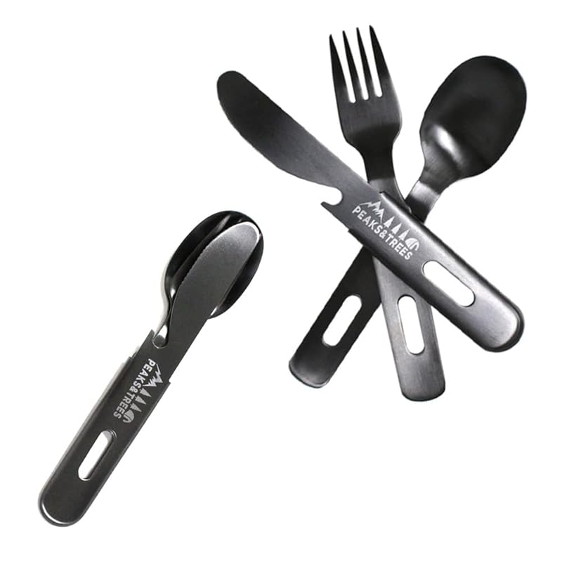 

PEAKS&TREES outdoor camp cutlery Black oxidation coloring 3pc set spoon fork knife stainless black cell phone Carry it around stacked storage made in
