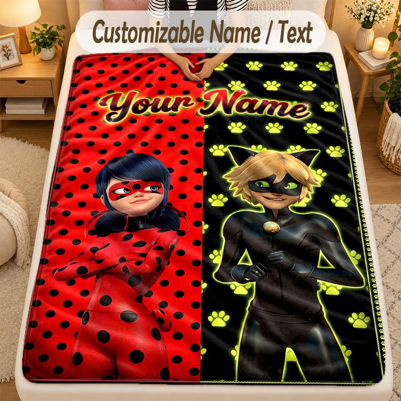 Couverture en Flanelle Miraculous Ladybug Nom Personnalisé Texte Personnalisé Douce Chaude Jeté Décoration de Maison Cadeau