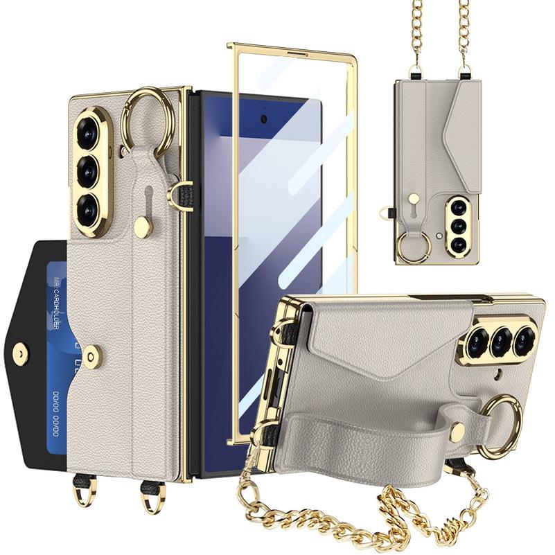 

Gold Wristband Bracelet Electroplated Plain Leather Card Slot Glass Protect Case for Samsung Galaxy Z Fold7 Fold 7 6 Cover Galaxy Z Fold7