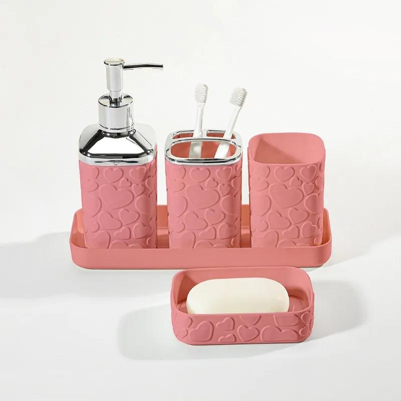 Black Pattern Tray Resin Bathroom Set Toothbrush Holder Soap Dispenser Soap Dish Bathroom Accessories Set Home Decor 5pcs/Set