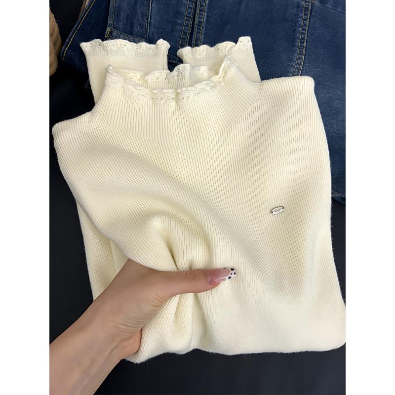 Beautiful lace semi-turtleneck knitted bottoming shirt for women in autumn and winter, stacked inside, long-sleeved top, soft waxy design sweater
