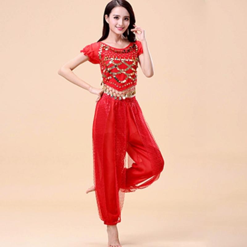 Belly Dance Costume Set for Women Crewneck Short Sleeve Tee Shirt Top Lantern Trousers Carnival Dancer Outfit Suit