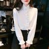 Women's White Ruffle Stand Collar Shirt - French Chic, Autumn/Spring 2025