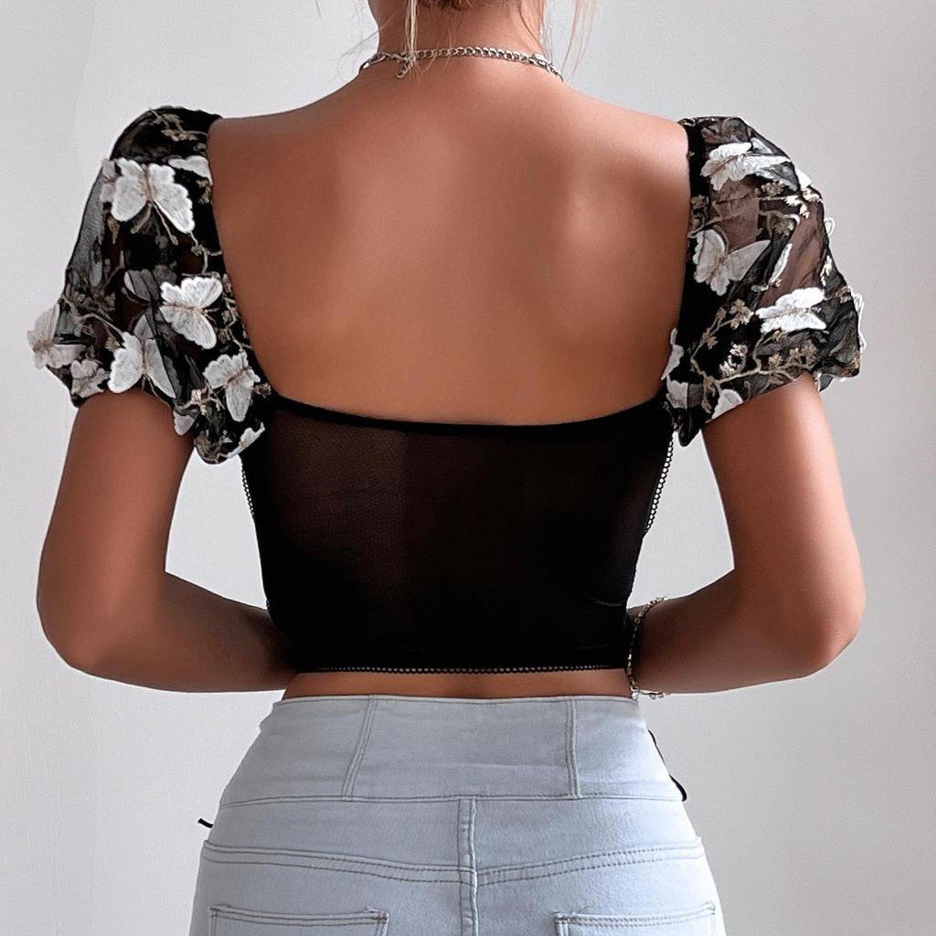Women's Puff Sleeve Underwired Lace Sheer Bandeau Top