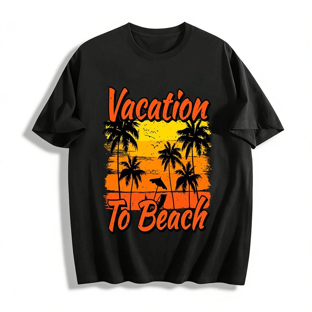 

Retro Beach Vacation Print Tee Coconut Tree Sunset Holiday Top Pure cotton T-shirt XXS