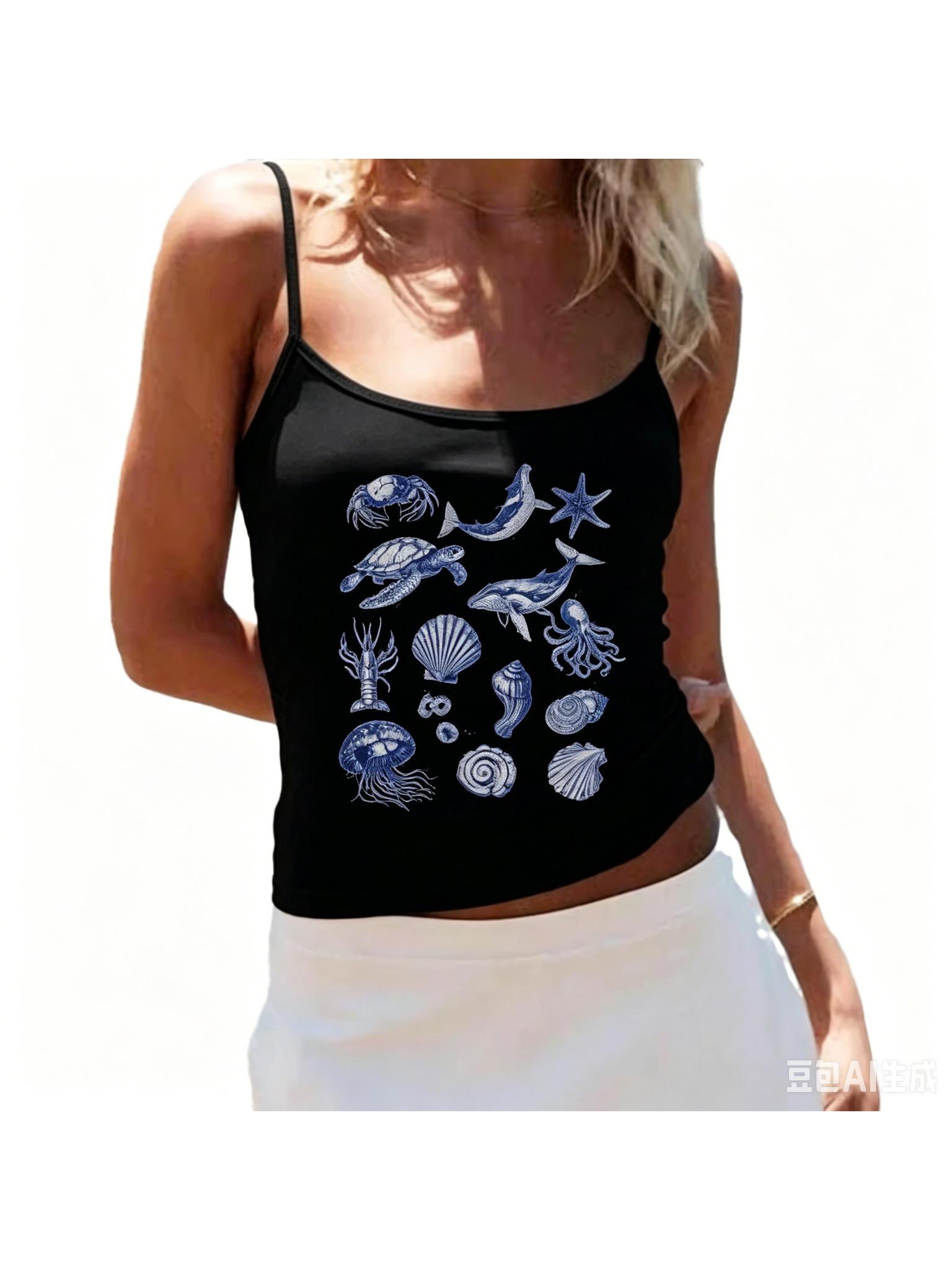 Polyester Women s Ocean Animal Print Tank Top Slim Fit Spaghetti Strap Summer Casual Sexy Streetwear Top Women Clothing Tops S чёрный