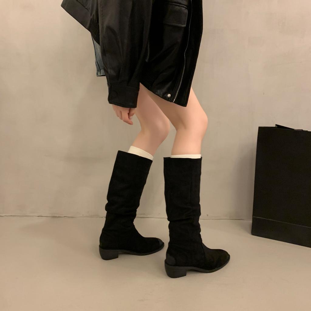 Cowhide Version Retro Fashion Brown Stacking Boots Women's Autumn New Tall Thin Boots Suede Versatile Boots