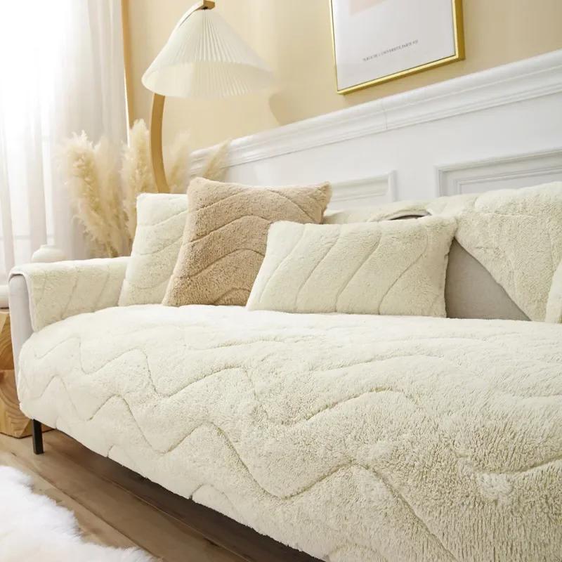 Nordic Plush Sofa Cushion Solid Color Sofa Cover Quilting Thicken Warm Sofa Towel Anti Slip Armrest Backrest Pillow Living Room