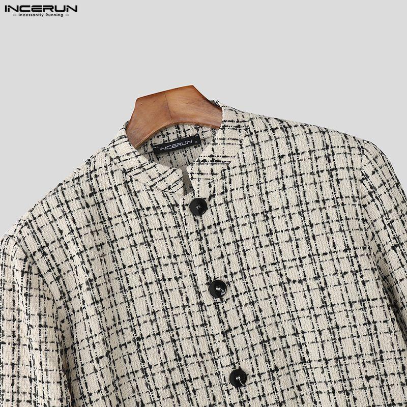 INCERUN Autumn Elegant  Men Long Sleeve Casual Plaid Buttons Texture Jackets Coats