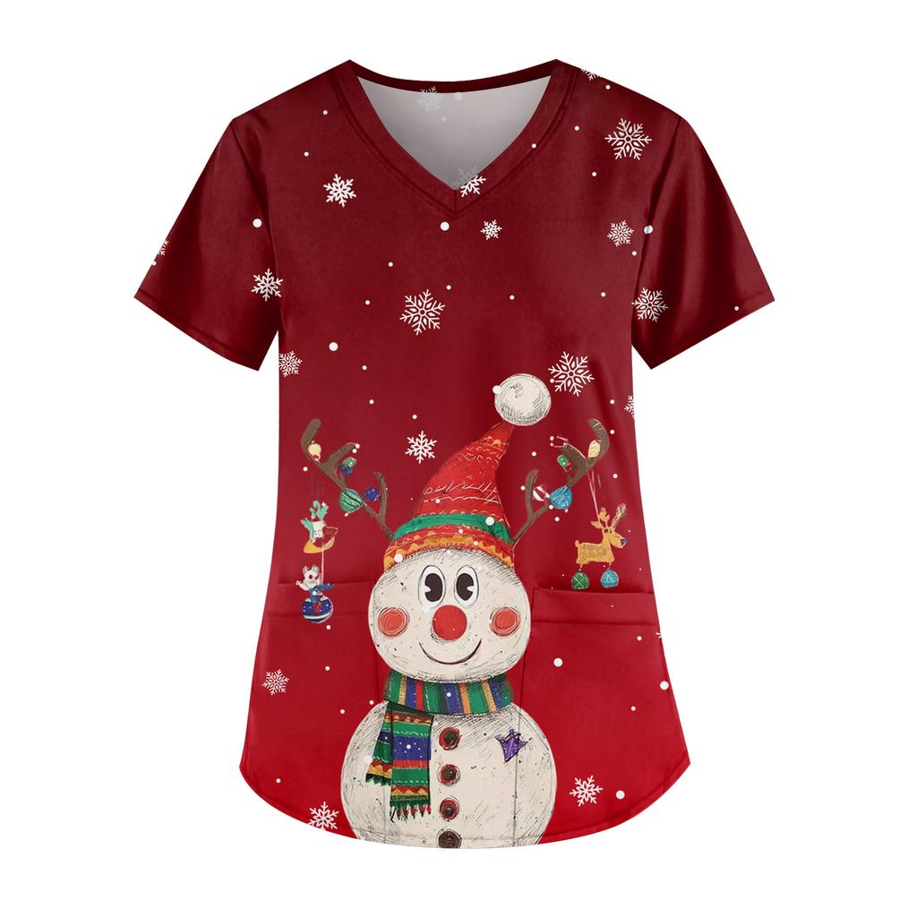 Ladies' Fashionable V-neck Pocket Short Sleeved Christmas Tree Printed Caregiver Uniform