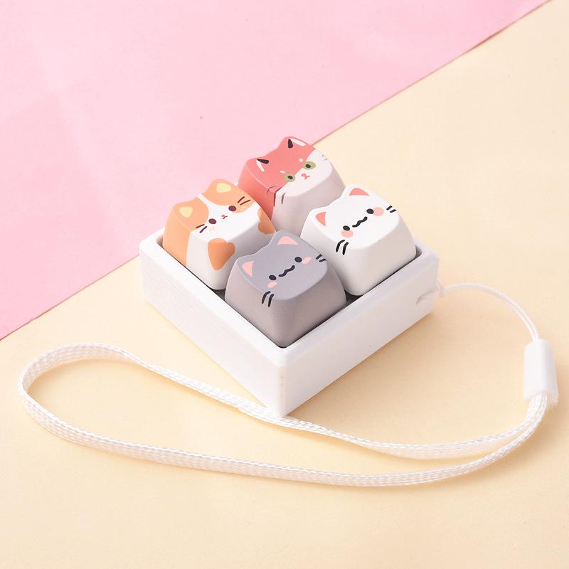 Cute Cat Keycap Fidget Toy 4 Keys Keyboard Pendant Stress Relief Clicker Button Toy Bag Charm Gift For Girls