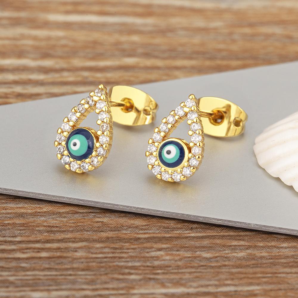 

Nidin New Trendy Waterdrop/Round Shape Evil Eye Charm Stud Earrings For Women Hollow Design Shine Zircon Ear Jewelry Accessories