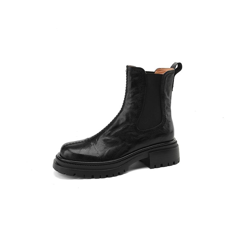 

2024 Осенние ботинки Женские туфли из натуральной кожи для женщин Ботильоны с круглым носком Туфли на толстом каблуке Вестерн-ботинки Туфли на платформе 40