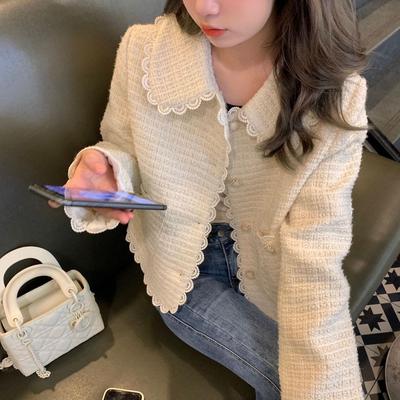 Cremefarbener, sanfter, kurz geschnittener Tweed-Cardigan mit Puppenkragen für Damen, Herbst, Koreanischer Stil, Elegantes Strickoberteil für Petite