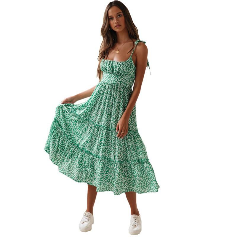 European American Women s Dresses Popular Retro Printed Suspender Skirt S зелёный