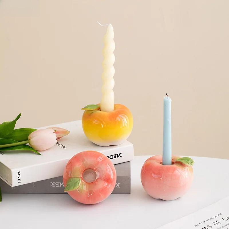 Fruit Ceramic Candle Holder Desktop Apple Persimmon Candle Holder Decoration Candle Container Candlelight Dinner Romantic Decor