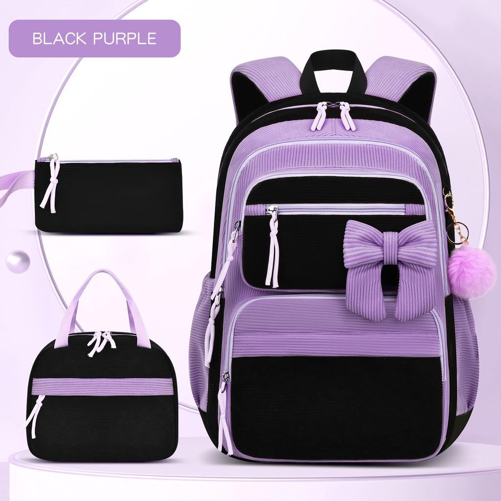 Corduroy Three-Piece Backpack Cherry Pattern Girl Heart Large Capacity Lightweight Backpack