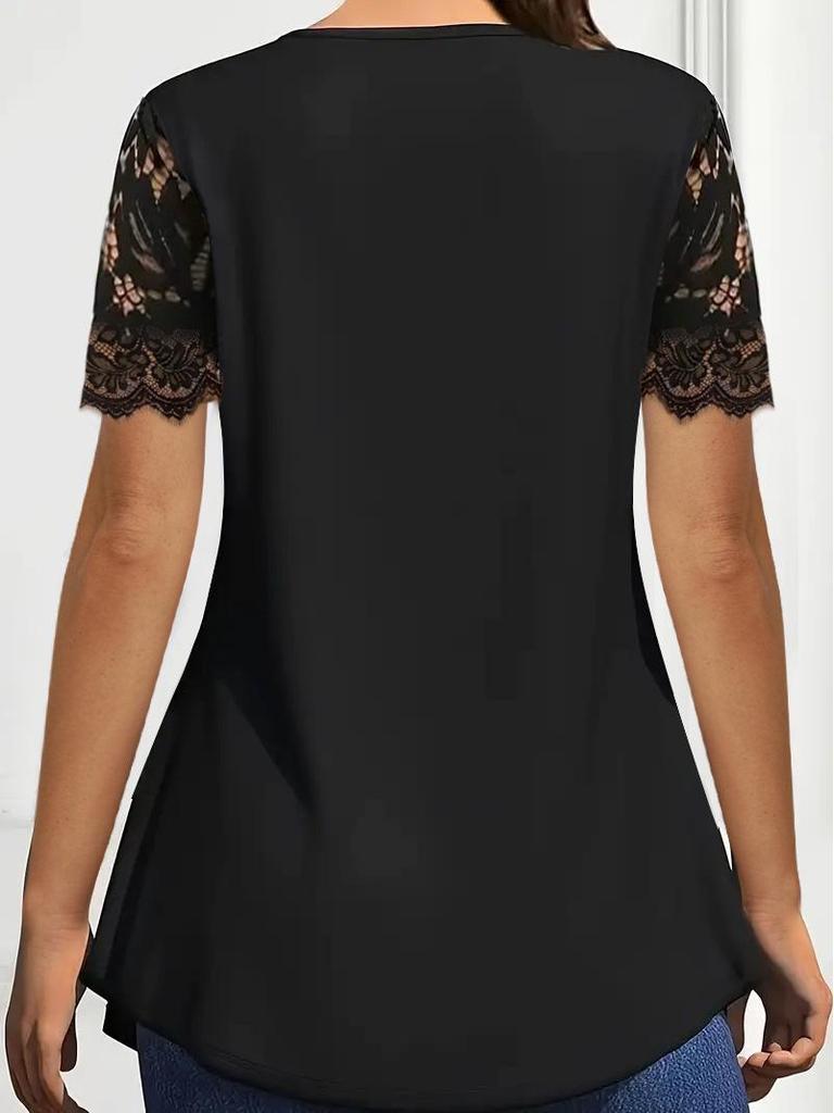 Tunique Élégante Patchwork de Dentelle Couleur Unie Manches Courtes pour Femme Printemps/Été 2026