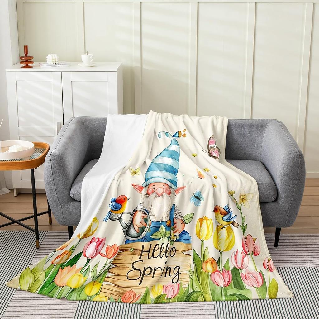 Spring Gnome Throw Blanket,Yellow Sunflowers Fleece Flannel Blanket for Toddler,Floral Truck Fuzzy Blanket,Lovely Bee GnomeDwarf