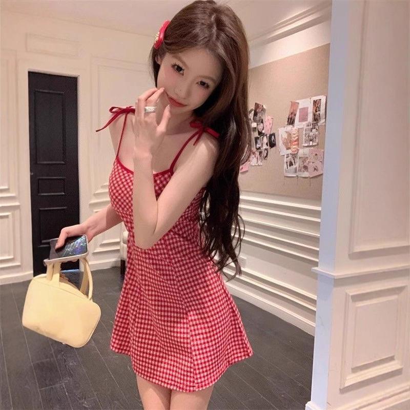 Fresh College Sweet Spice Girl Contrast Color Plaid Suspender Skirt Women's Clothing Early Spring Age Reduction Slim A-shaped Skirt Dress Short Skirt