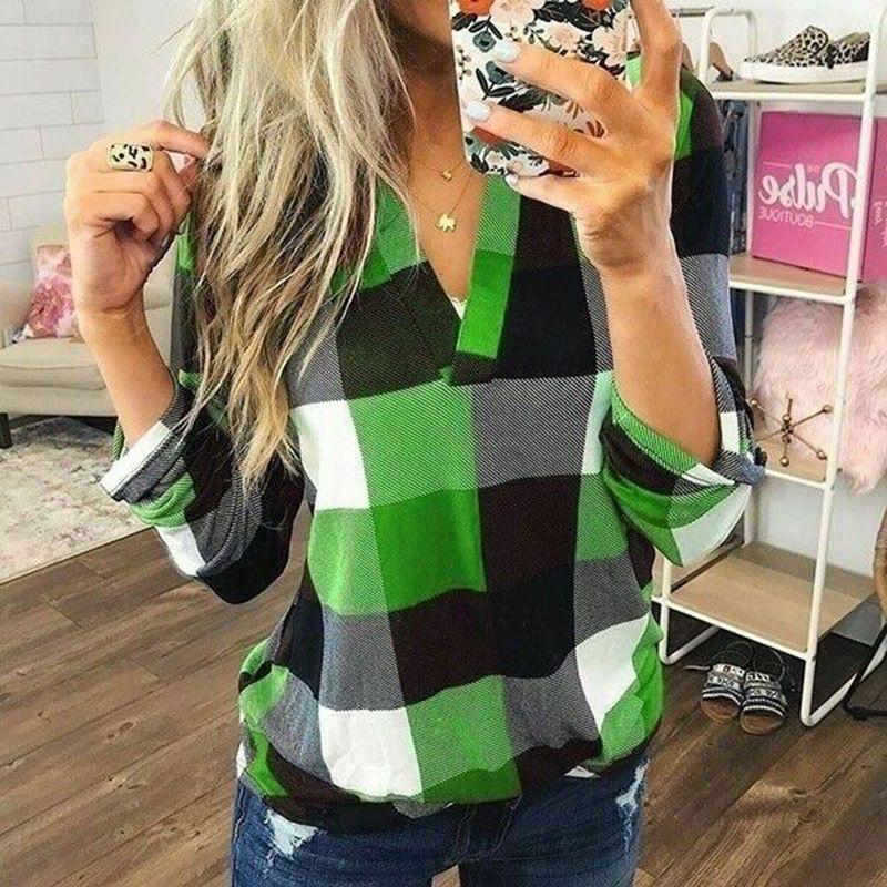 Stylish S-5xl Women's Long Sleeve Plaid T-shirt Blouse With V-neck Design