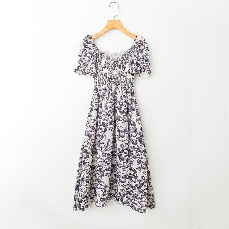 

Летняя Внешняя Торговля Корейский Стиль Новое Омолаживающее Живое Эластичное Переплетенное Дизайн V-образный вырез Короткий рукав Платье Purple Flower with white background L