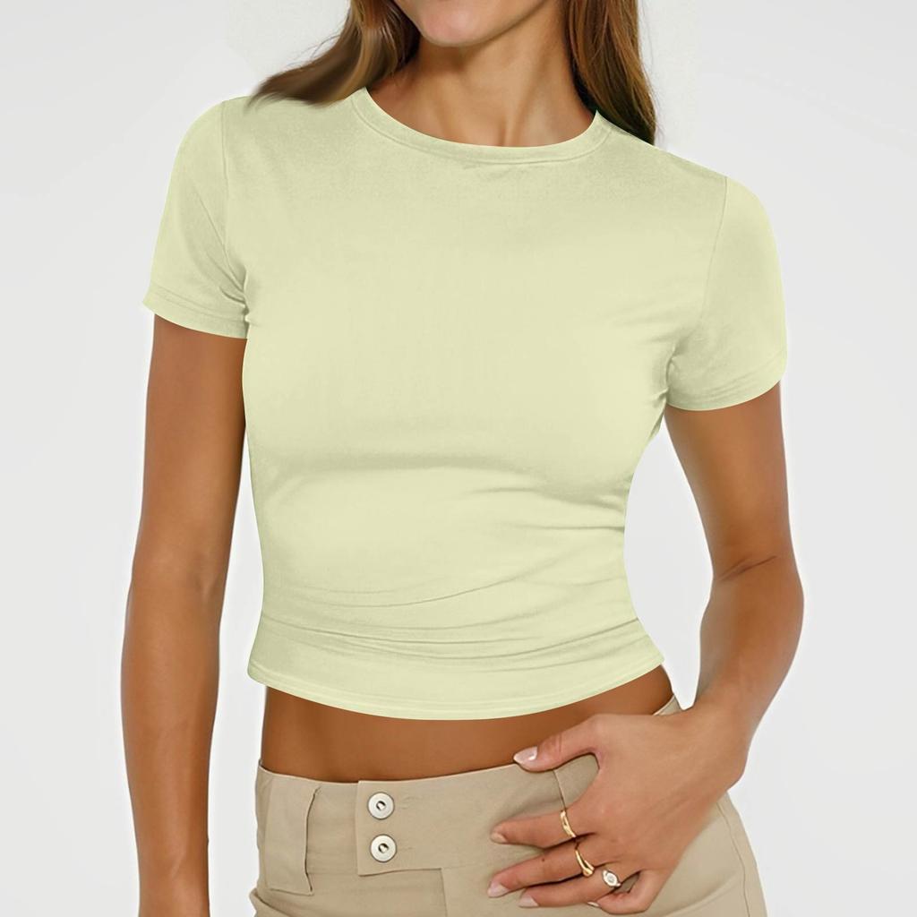 Ladies Summer Fashion Casual Color Round Neck Short Sleeve Slim Ribbed Top