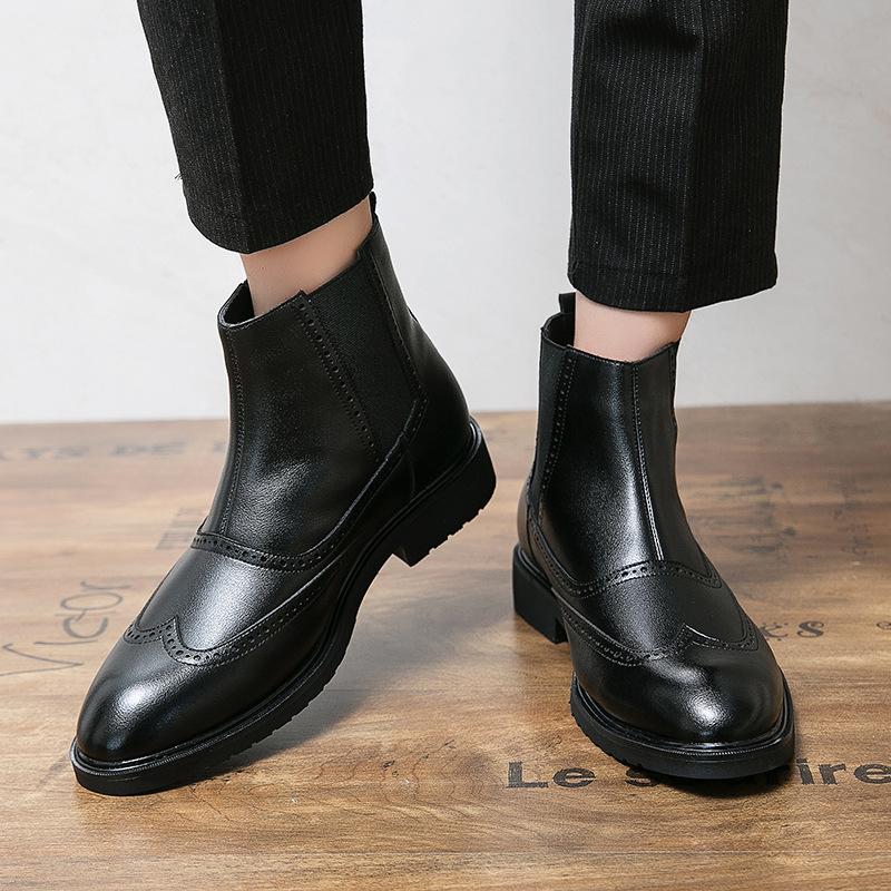 Martin Boots Leather Medium Top Pointed Fleece High Top Leather Shoes Chelsea Boots Black Hairstylist Short Boots