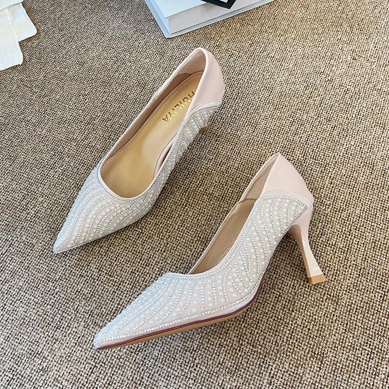 

B835-ES87 rhinestone pointed gentle shallow mouth single shoes 2025 new spring versatile sexy stiletto high heels 39 розовый