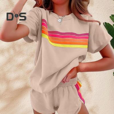 2Pcs/Set Women Outfit O-Neck Short Sleeve T-shirt Elastic Waist Wide Leg Shorts Set Patchwork Color Street Style Outfit