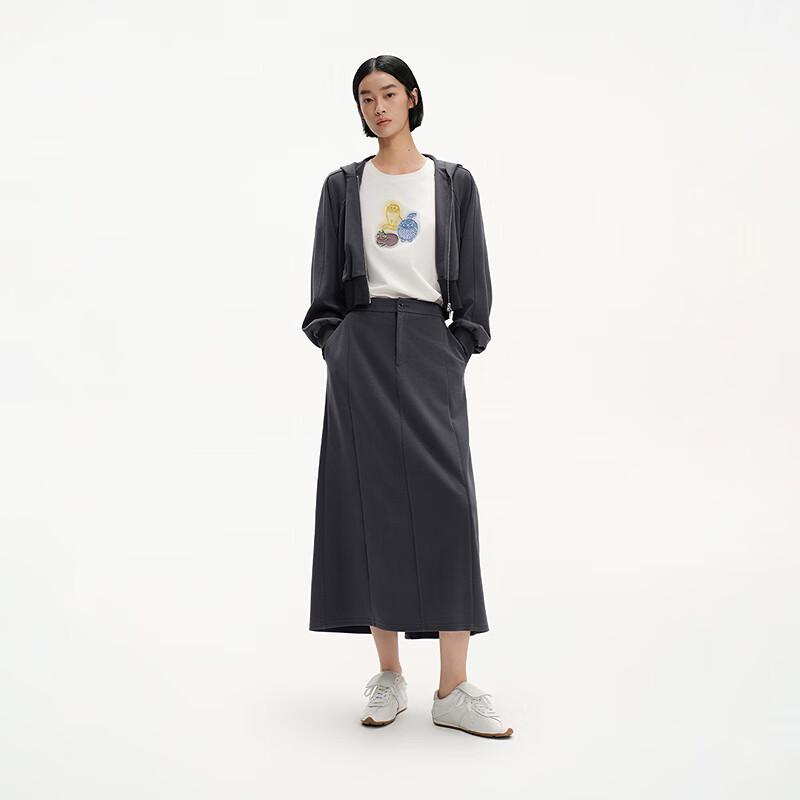 Broadcast Women's Grey French Style A-Line Slit Midi Skirt