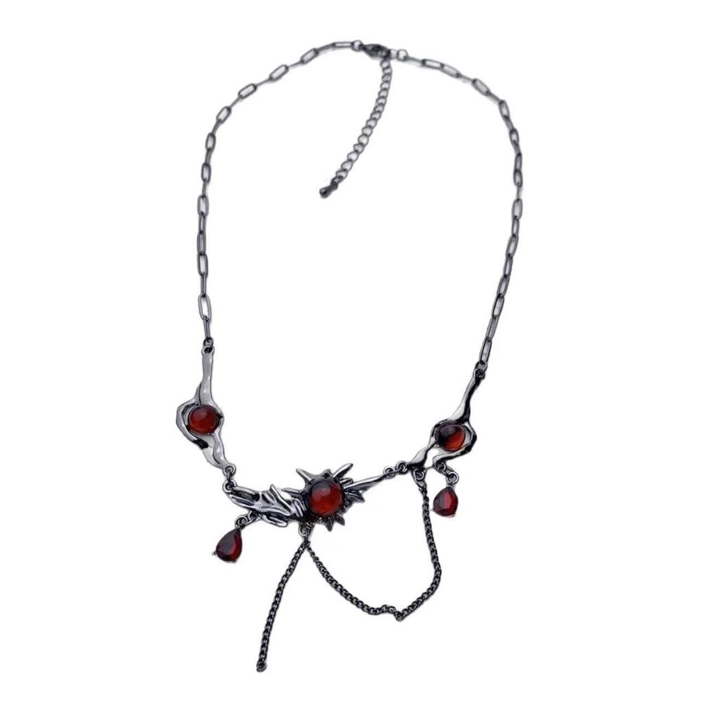 Alloy Gothic Necklace with Red Zircon and Black Tassels Trendy Night Club Party Jewelry for Fashion Enthusiasts