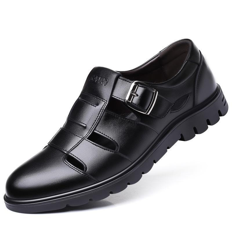 

Мужские сандалии из коровьей кожи, мужская повседневная кожаная обувь, полая и дышащая, для людей среднего и пожилого возраста, сумка с отверстием для головы, натуральная кожа 44 чёрный